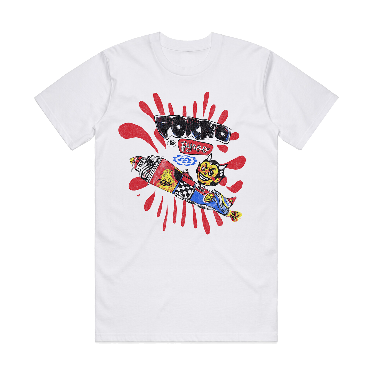 The front of the Devil Rocket Tee with the Porno For Pyros Devil Rocket design printed on it.